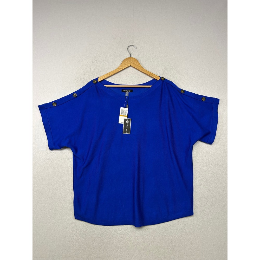 Minimalist Modern Cable & Gauge Womens 3X Blue Button Shoulder Knit Top